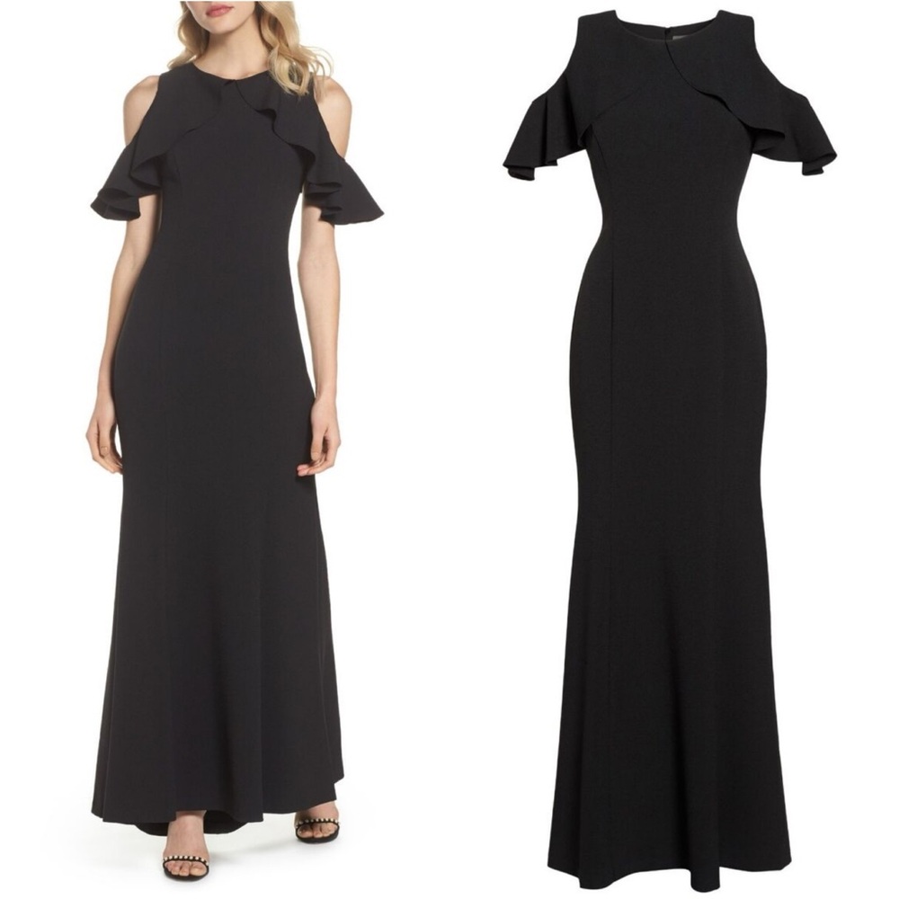 NWT $188 Vince Camuto Women's 6 Black Ruffle Cape Cold Shoulder Long Gown Dress